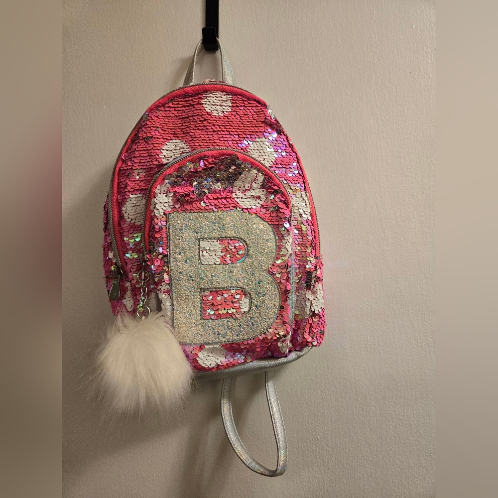 Justice Girls Mini Backpack Flip Sequin with Initial B, Pink & White Pom Pom